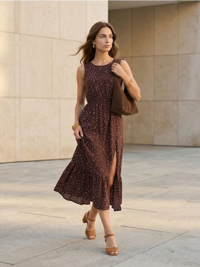 Віскозна міді сукня в горошок з воланом