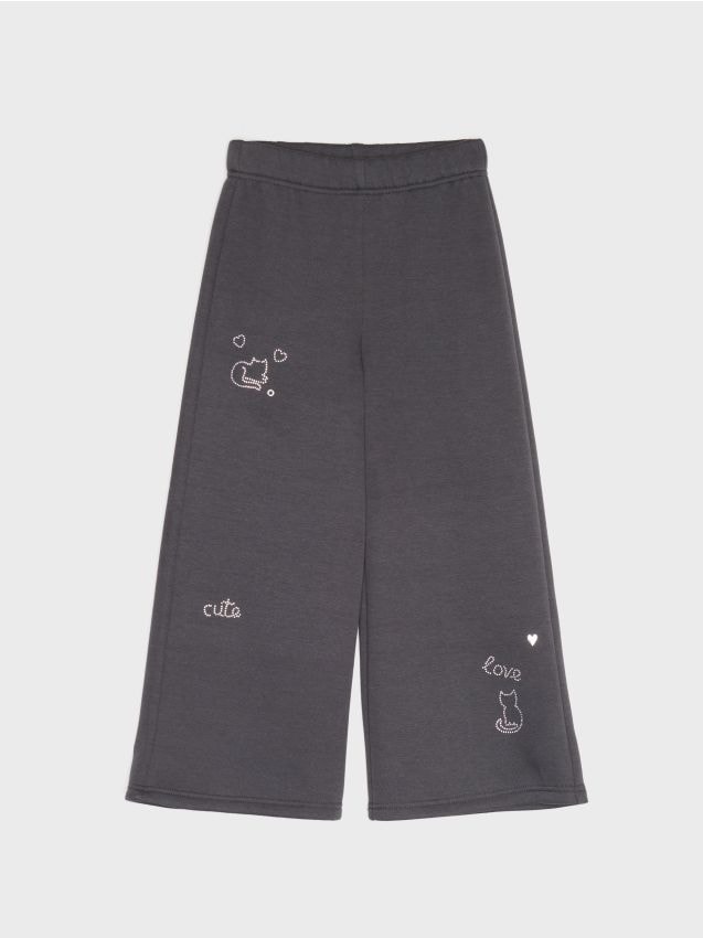 Sinsay - Pantaloni de trening cu croială wide leg și strasuri - gri-închis