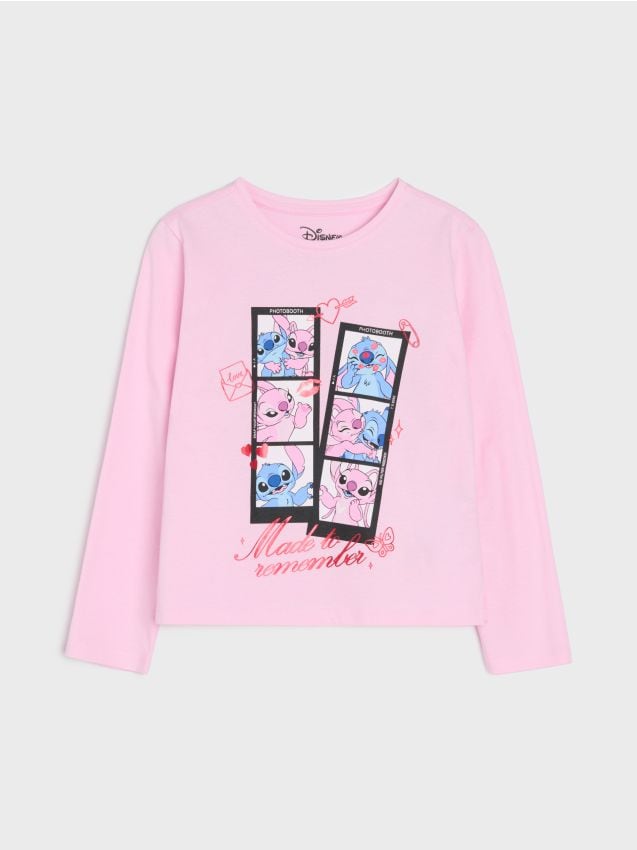 Sinsay - Tricou din bumbac, cu mânecă lungă Stitch - roz-pastel