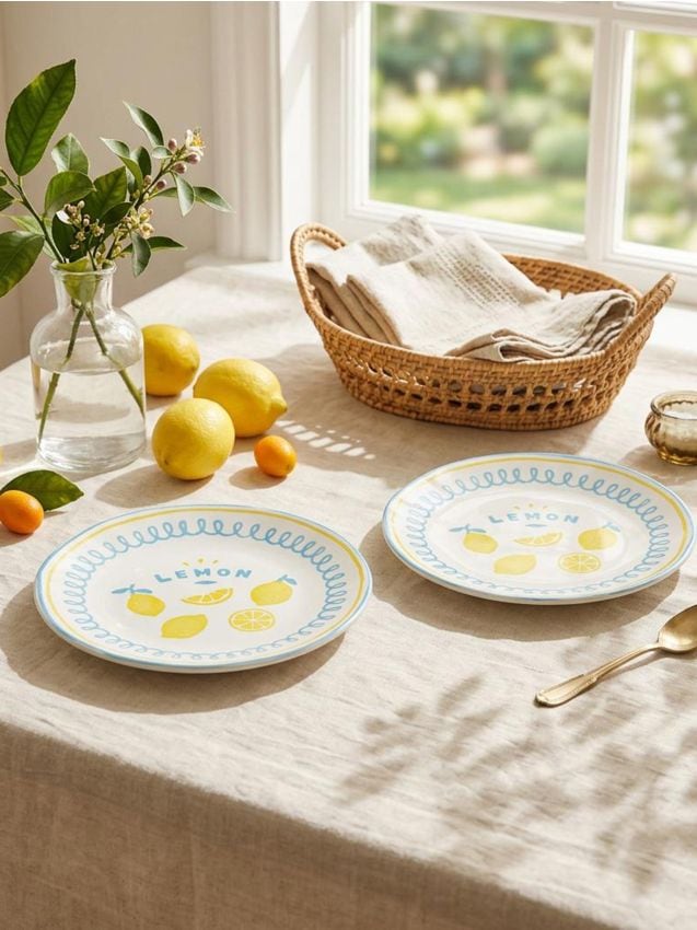 Sinsay - Farfurii ceramice cu motiv de lămâi 2 pack - albastru-pal