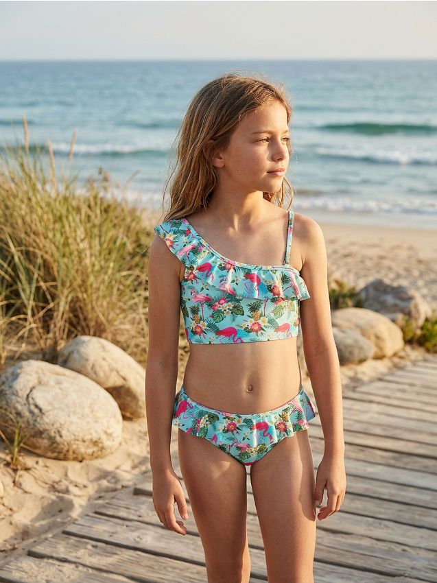 Sinsay - Costum de baie din două piese cu motiv de flamingi și volan - multicolor