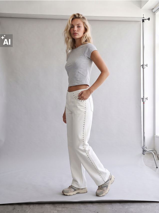 Sinsay - Blugi wide leg cu talie joasă și ținte decorative - crem