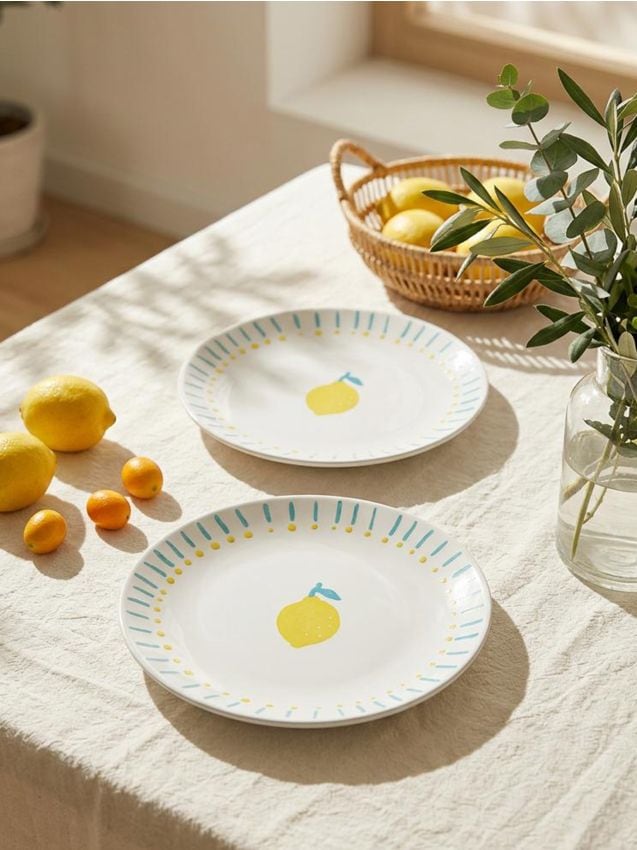 Sinsay - Farfurii ceramice cu motiv de lămâi 2 pack - albastru-pal
