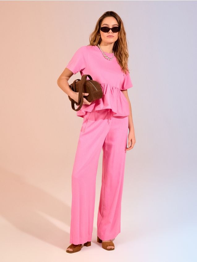 Sinsay - Spodnie wide leg z wiskozą i domieszką lnu - różowy
