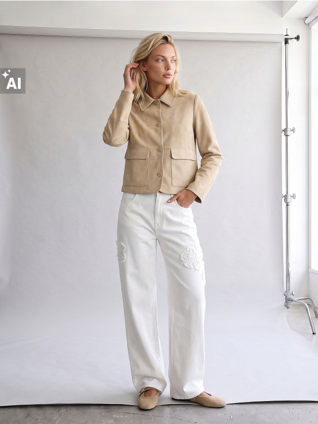 Sinsay - Blugi din bumbac baggy cu aplicație florală - crem
