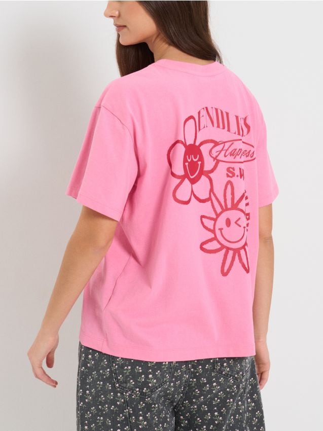 Sinsay - Tricou din bumbac cu imprimeu pe spate S.W. Smiley® - roz