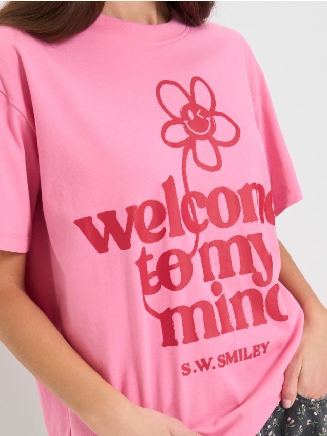 Sinsay - Tricou din bumbac cu imprimeu pe spate S.W. Smiley® - roz