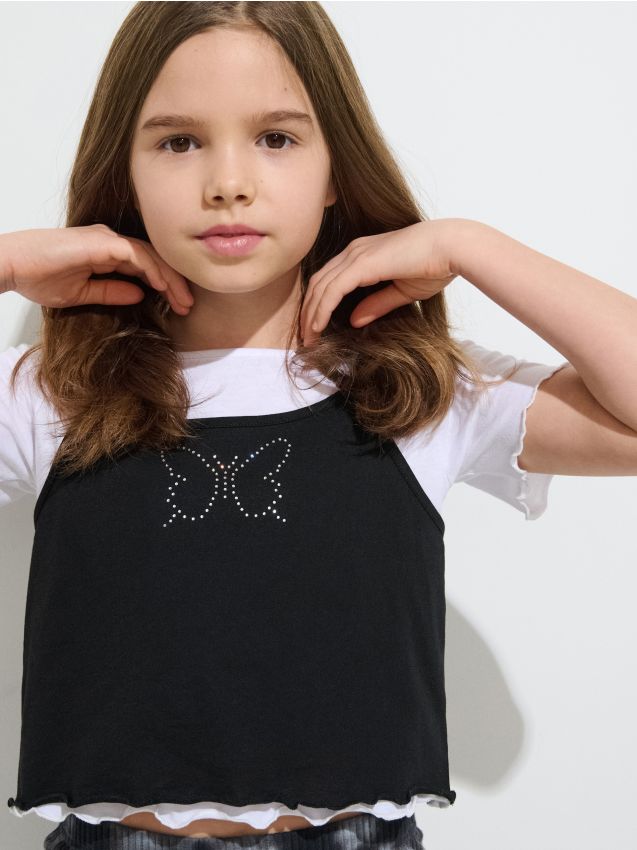 Sinsay - Pamut póló díszes fodrokkal - multicolor