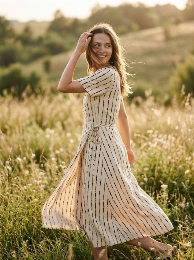 Sinsay - Rochie midi petrecută din viscoză cu dungi - nude
