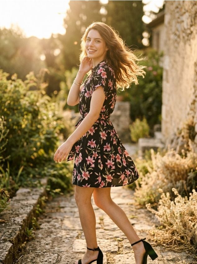 Sinsay - Rochie mini din vâscoză cu curea din material cu imprimeu floral - roz-pastel