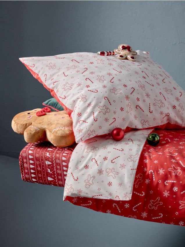 Sinsay - Set de lenjerie de pat din bumbac de Crăciun cu model de turtă dulce și bastonașe de zahăr - roșu