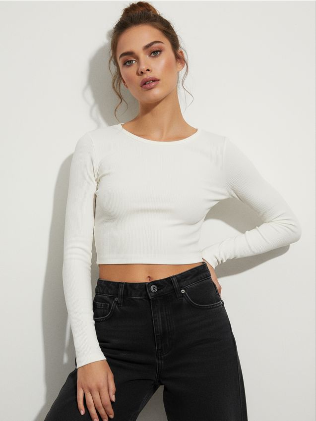 Sinsay - Tričko s dlhými rukávmi - krémová