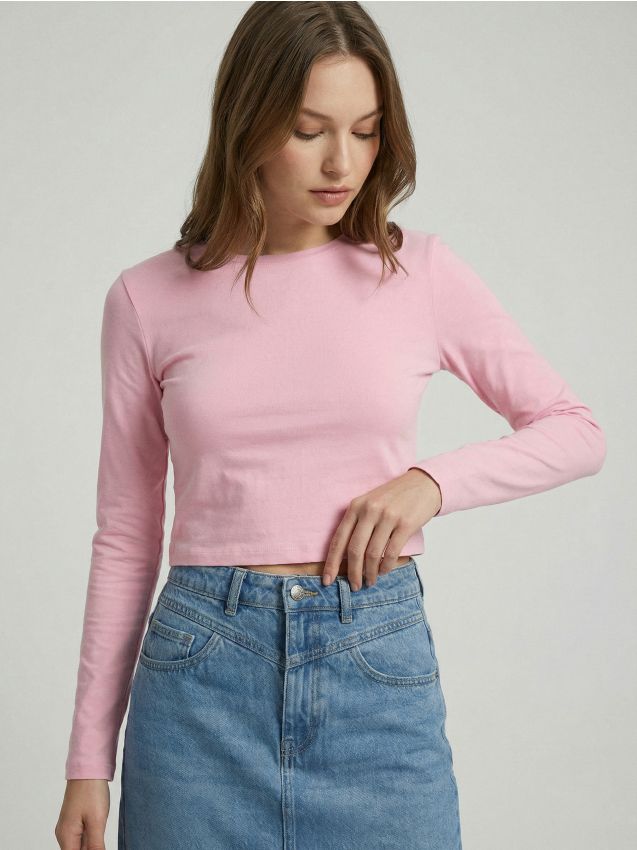 Sinsay - Tricou cu mânecă lungă basic - roz