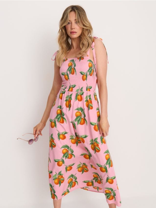 Abito midi in viscosa con fantasia e spalline - multicolor