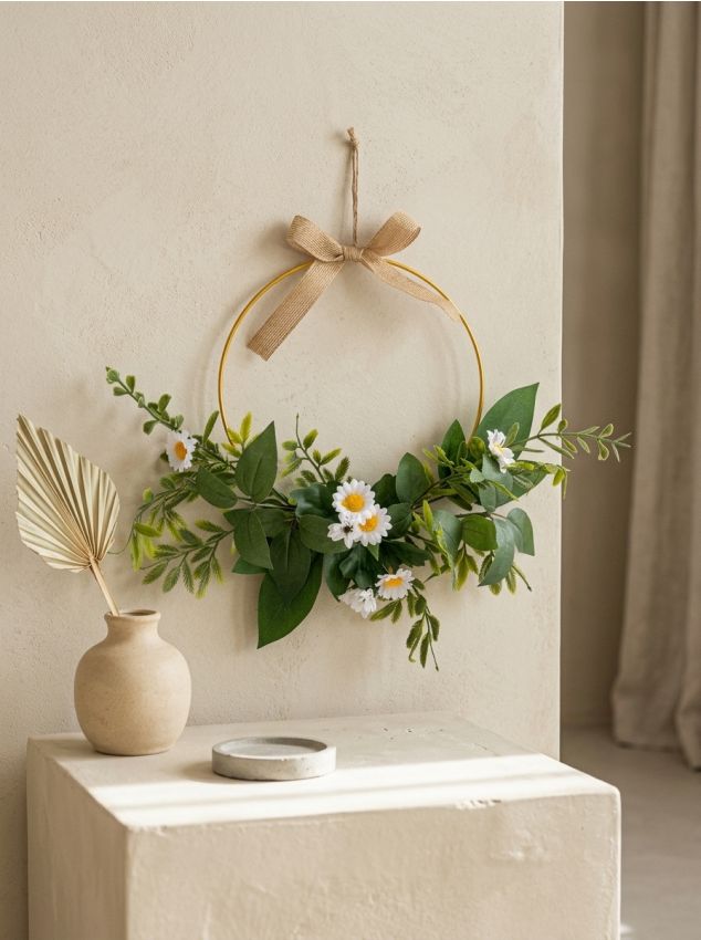 Sinsay - Coroană decorativă florală de primăvară pe cerc metalic - crem