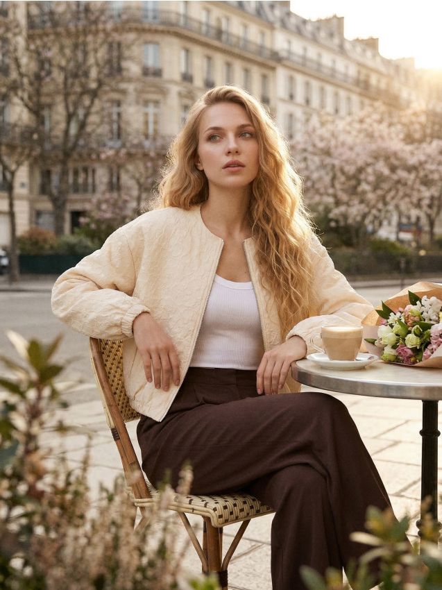 Sinsay - Jachetă bomber jacard cu flori brodate - nude