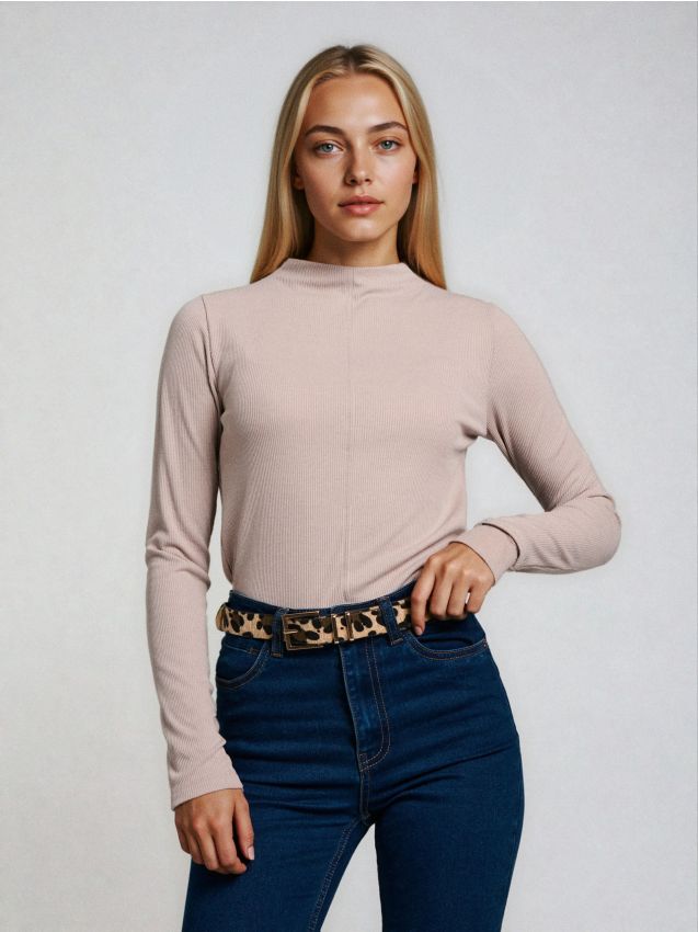 Sinsay - Bluză ribbed cu decolteu înalt - bej