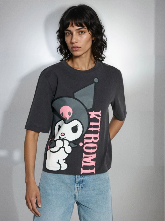 Sinsay - Tricou din bumbac cu mânecă scurtă Kuromi - gri-închis