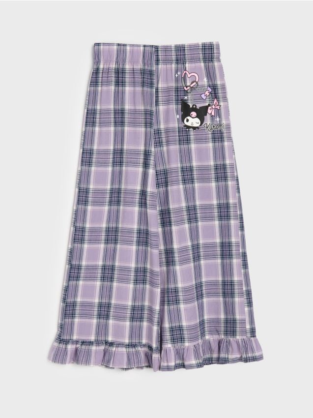 Sinsay - Pantaloni din bumbac wide leg cu volănașe decorative Kuromi - violet-prună