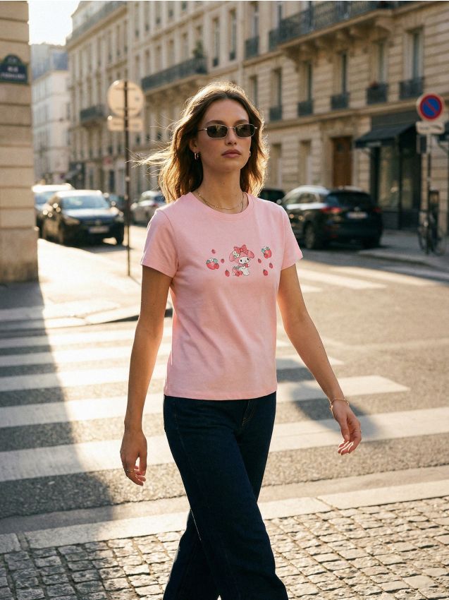 Sinsay - Bawełniana koszulka z nadrukiem My melody - różowy