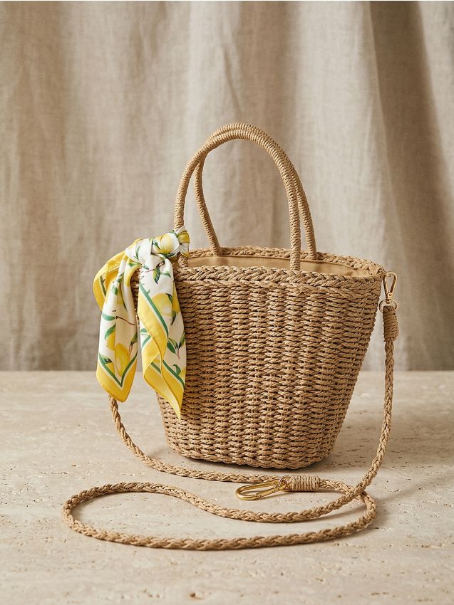 Sinsay - Geantă împletită cu eșarfă decorativă - bej