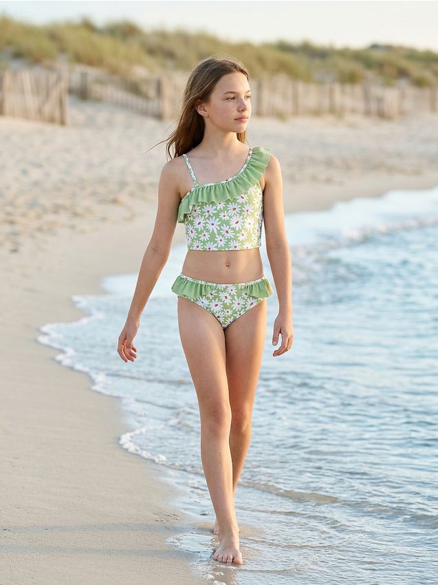 Sinsay - Costum de baie din două piese cu volane și motiv floral - verde-gălbui