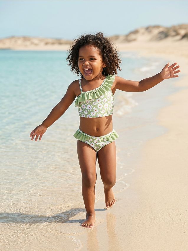 Sinsay - Costum de baie din două piese cu volane și motiv floral - verde-gălbui