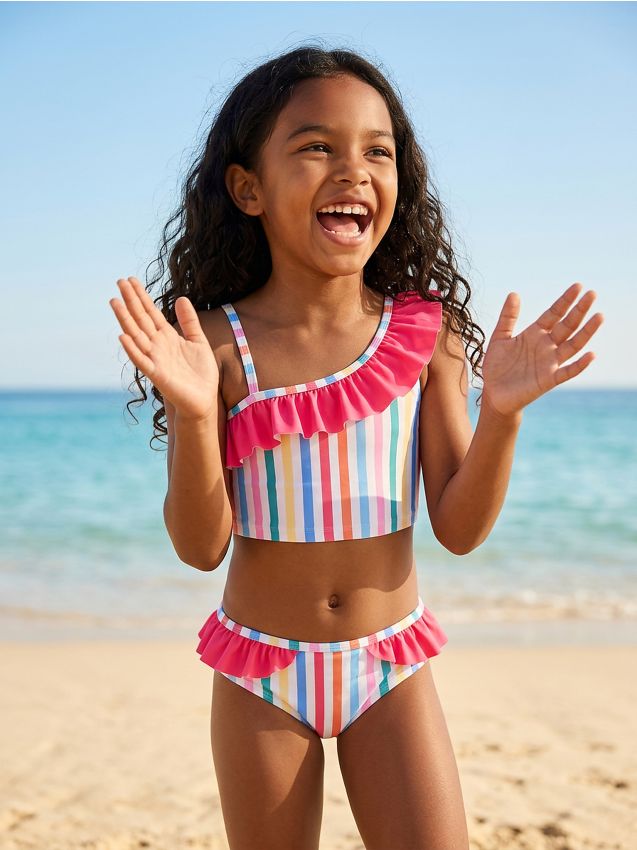 Costume da bagno a due pezzi con righe colorate e volant - multicolor