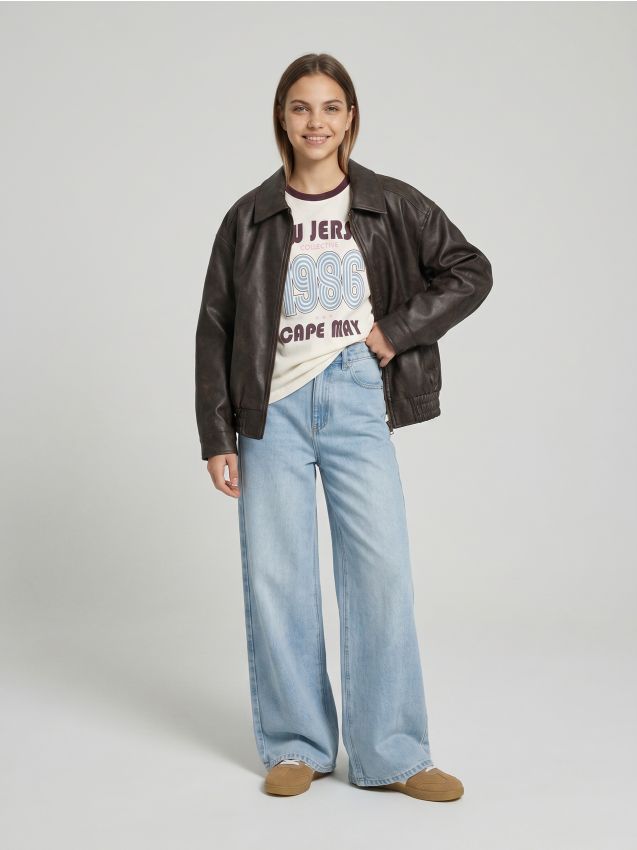 Sinsay - Jeansy wide leg z efektem sprania - niebieski
