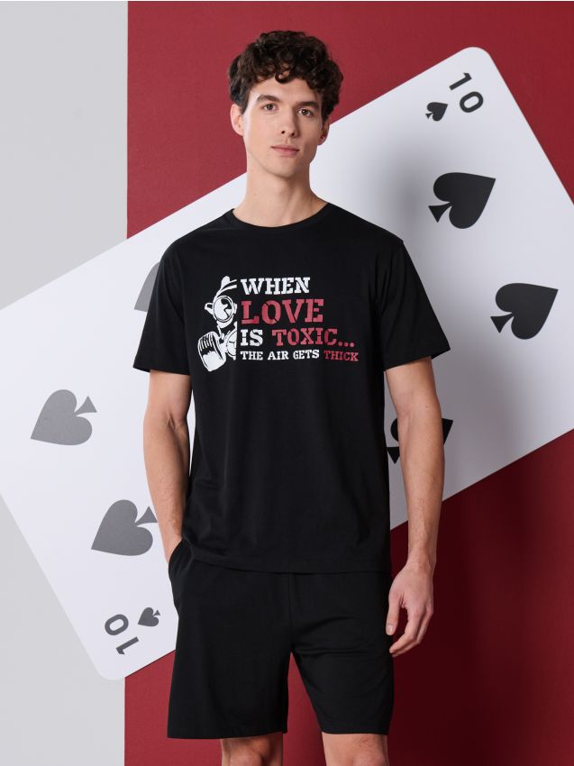 Sinsay - Bawełniana piżama dwuczęściowa z napisem - czarny