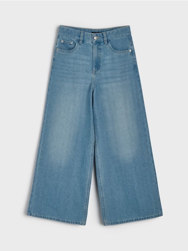 Sinsay - Blugi wide leg cu efect prespălat - albastru