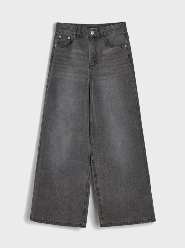 Sinsay - Blugi wide leg cu efect prespălat - gri