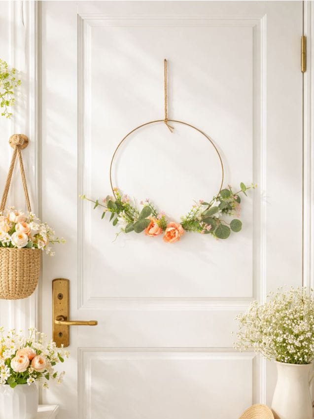 Sinsay - Coroană decorativă florală pe cerc metalic - roz-pudră