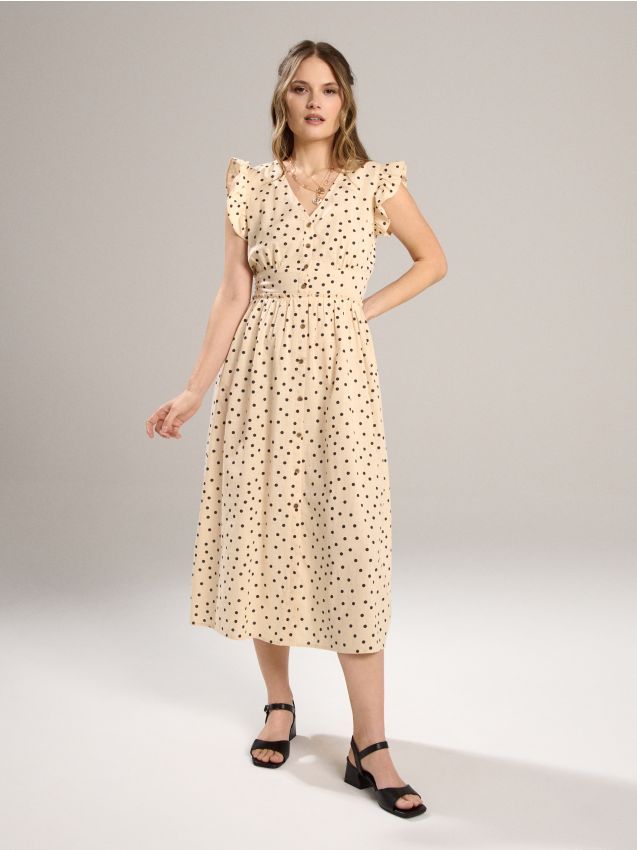 Sinsay - Bawełniana sukienka midi w groszki z falbankami - wielobarwny