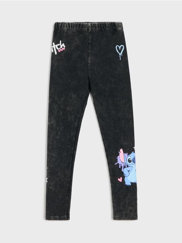 Sinsay - Colanți din bumbac cu efect prespălat și motiv Stitch - negru