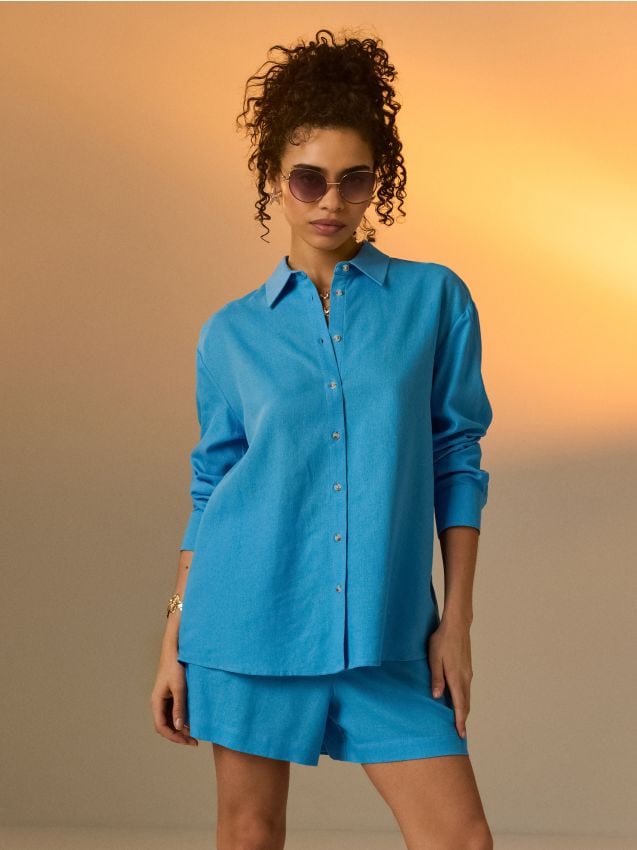 Sinsay - Cămașă oversized cu adaos de in - light blue