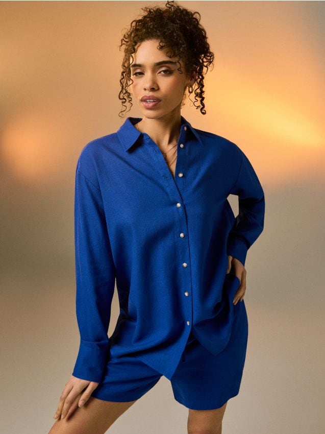 Sinsay - Cămașă oversized cu adaos de in - indigo