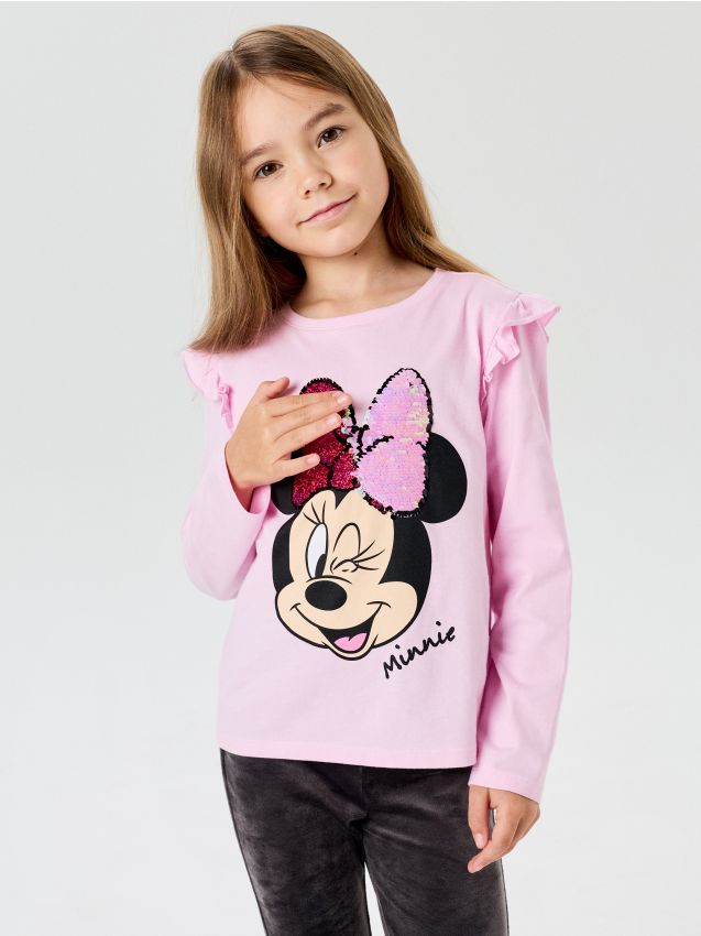 Sinsay - Tricou din bumbac cu aplicație din paiete Minnie Mouse - roz-pastel