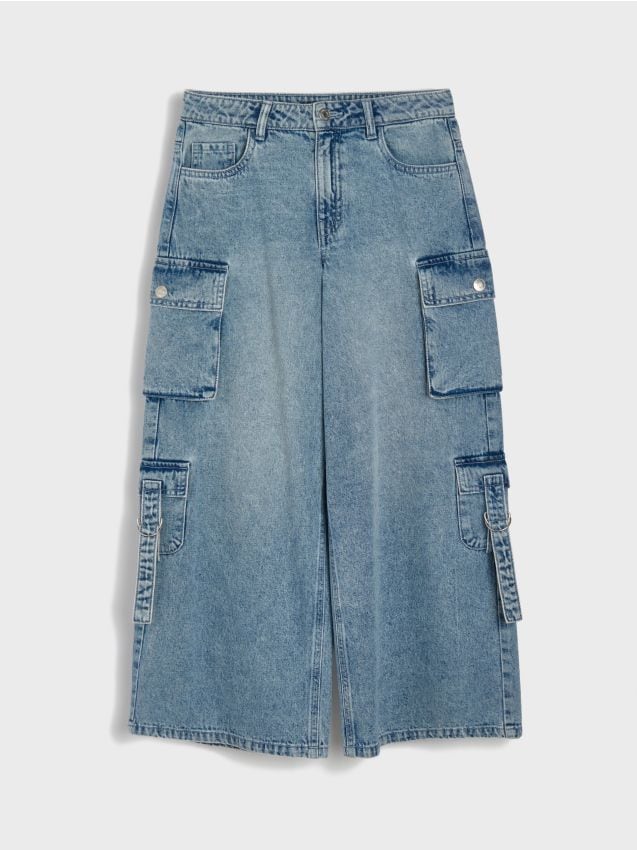 Sinsay - Blugi wide leg cu efect prespălat - albastru