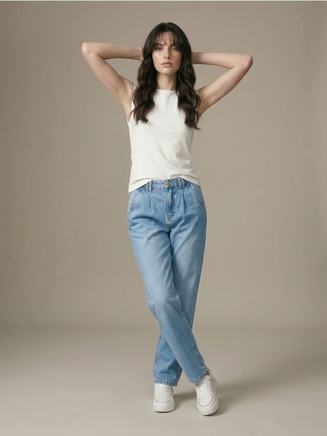 Sinsay - Blugi straight slim din bumbac cu efect prespălat - albastru