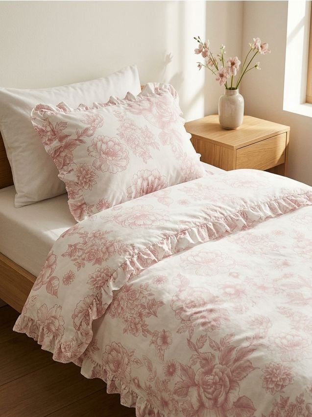 Sinsay - Set de lenjerie de pat cu volane și motiv floral - roz-pastel