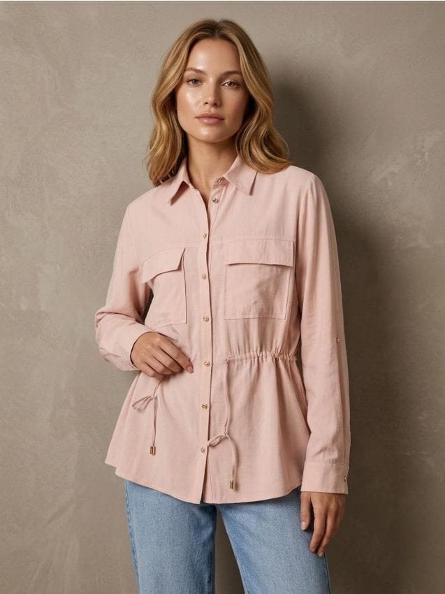 Sinsay - Koszula z kieszeniami cargo i wiązaniem w talii - beżowy