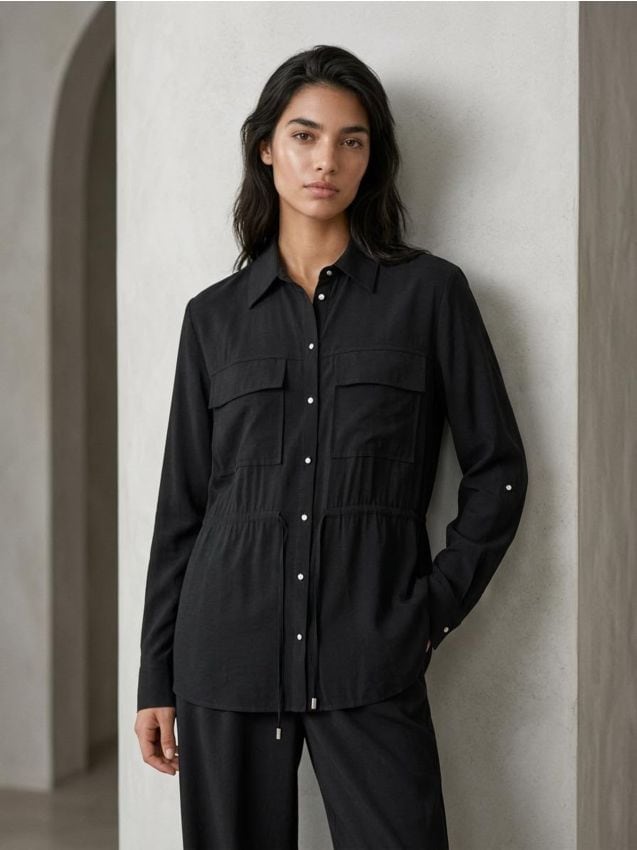 Sinsay - Cămașă cu buzunare cargo și șnur în talie - negru