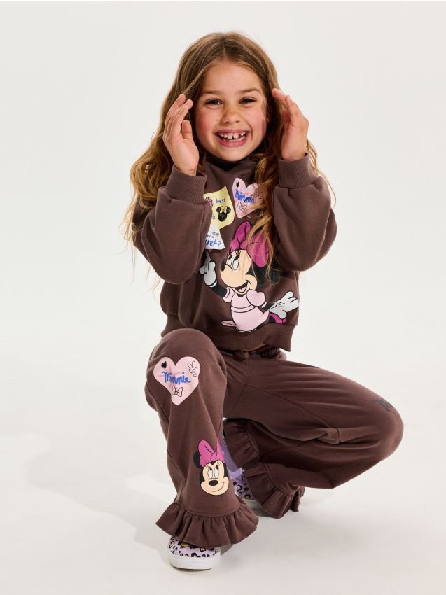Sinsay - Pantaloni de trening wide leg cu volane Minnie Mouse - maro