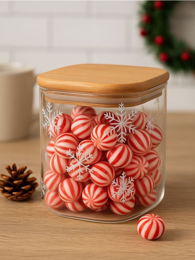 Sinsay - Sklenená nádoba na potraviny s bambusovým vekom so zimným motívom - béžová