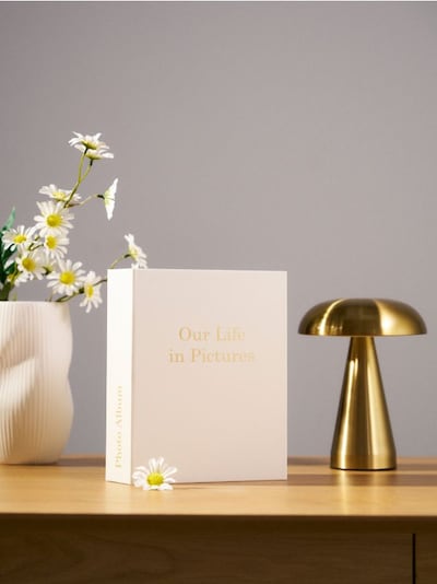 Foto album z zlatim napisom "Our Life in Pictures"
