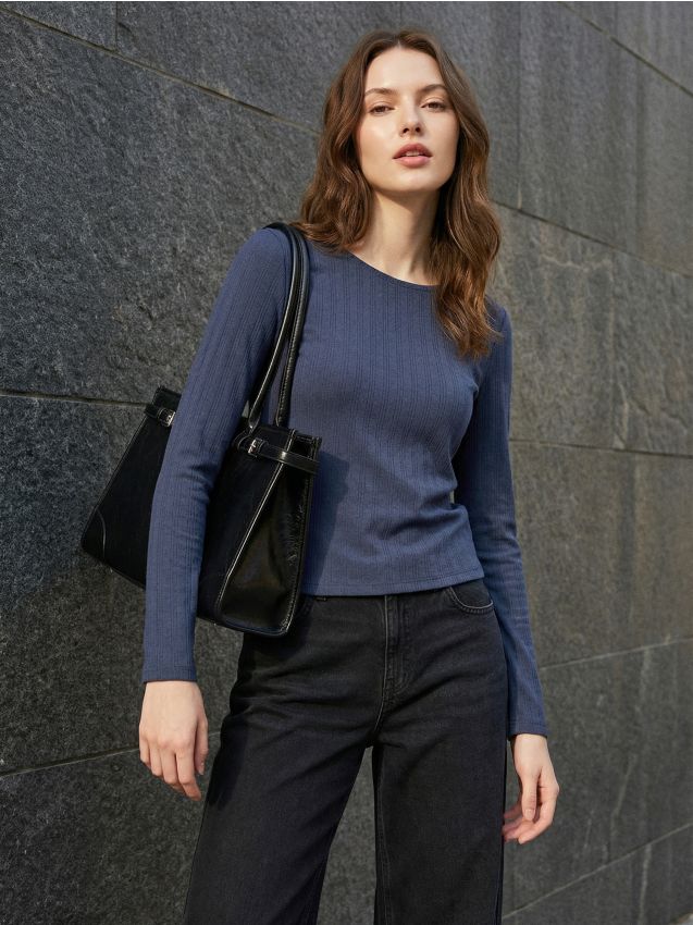 Sinsay - Bluză din bumbac ribbed cu mâneci lungi - albastru