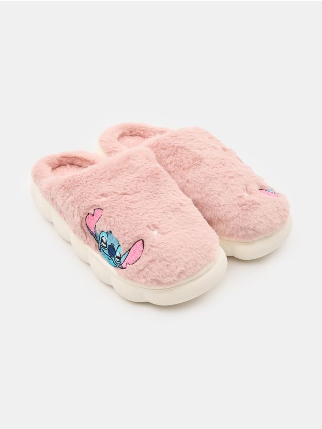 Sinsay - Papuci cu blană artificială și broderie Stitch - roz-pastel