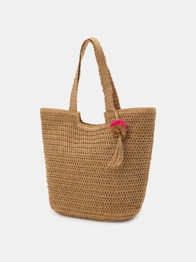 Sinsay - Geantă shopper împletită cu ciucure decorativ - bej