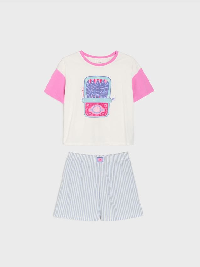 Sinsay - Pijama oversize din bumbac din două piese cu imprimeu sardine - crem